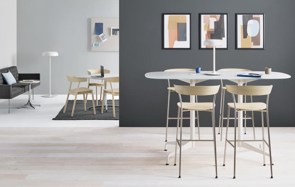 come together. The family of seating includes side chairs in all wood, side chairs with metal legs that stack up to three-high and stools in barand counter-heights.