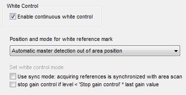 Switch on the white control: Select the tap for white control Disable Use sync mode 4 Set the target values If the white target is placed at the borders of the image, they might be lower than in the