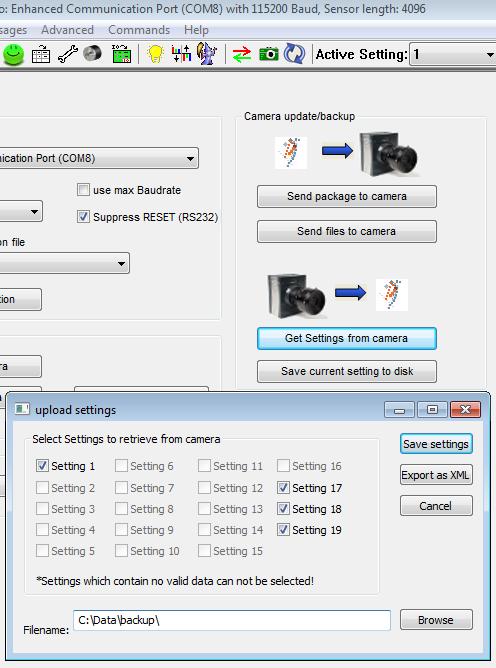 Run CST and select the correct port to connect with the camera Click to get to the system setting Backup your settings Some internal settings might be reset to factory defaults when performing a