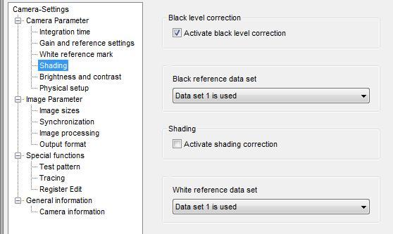3 Camera settings Camera Parameter Shading Shading (flat field): Activate shading correction