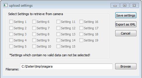 11.9.1 Saving settings from CST to harddisk: Button Function key Menu File/Save With this function you save the data from CST to a *.set-file. NOTE Changes at the camera, e.g. caused by the automatic white control, will not be saved in the files.