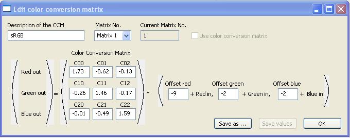 11.16 Edit color conversion (correction) matrix For the function color conversion matrix (CCM), e.g.