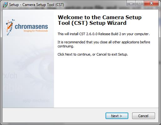 9 Installing CST - Camera Setup Tool 9.1 System Requirements Microsoft Windows XP and Windows 7, 32 bit or 64 bit. PC with a Frame Grabber CameraLink medium and optionally a serial interface RS232 9.