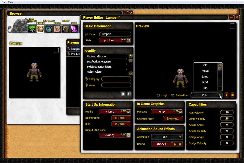 Define characters to use as main player character (up to 4) Create custom identity markers that can be tag-referenced to display in quest text to create a personalized feel Define a special login