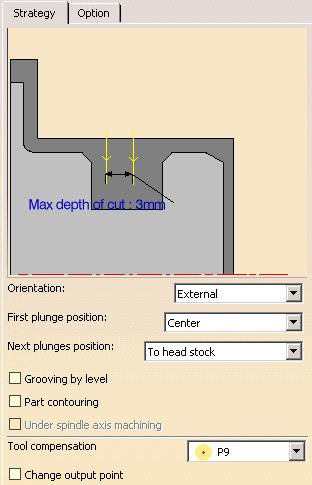 3. Select the Strategy tab page to specify the main machining strategy parameters: Orientation: External First plunge position: Center Next plunges position: To head stock. 4.