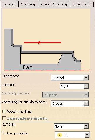 4. Select the Strategy tab page to specify the general machining strategy parameters: Orientation: External Location: Center Select the Recess machining checkbox Machining direction is set