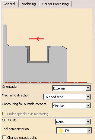 3. Select the Strategy tab page to specify the main machining strategy parameters: Orientation: External Machining direction: To head stock Contouring for outside corners: Circular.