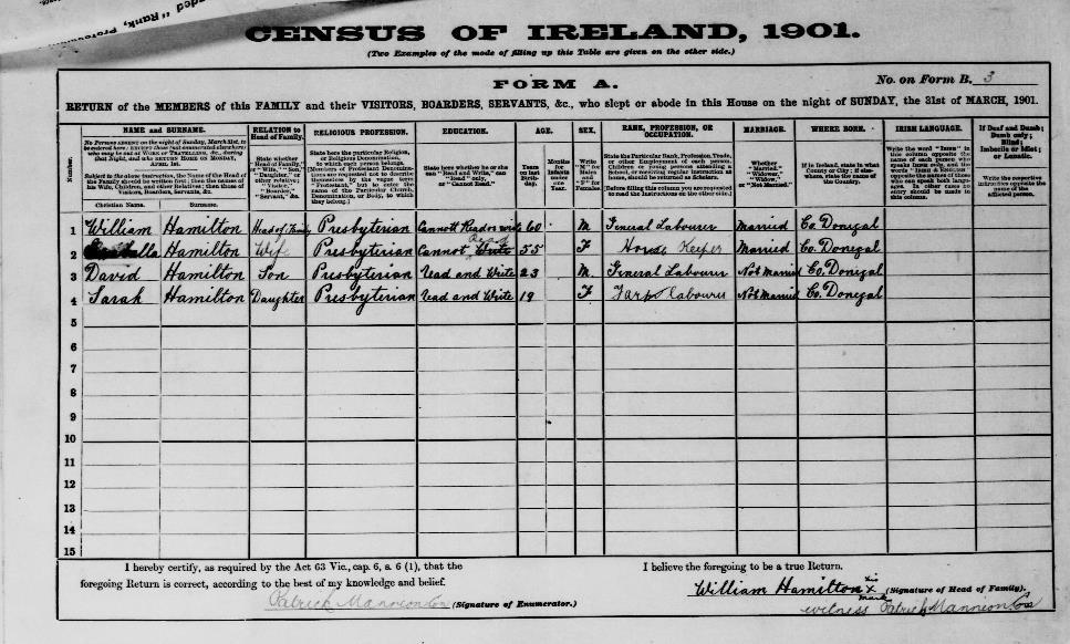 1901 census for William and Isabella Hamilton and family of Manorcunningham in Donagal.