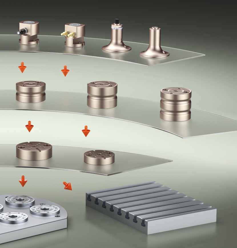 The modular height adapters consist of three levels. The foot elements form the interface to the existing machine table.
