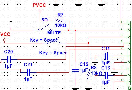 Mute and Shutdown: The Mute function is enabled when the switch is closed, connecting the mute pin to the voltage supply.