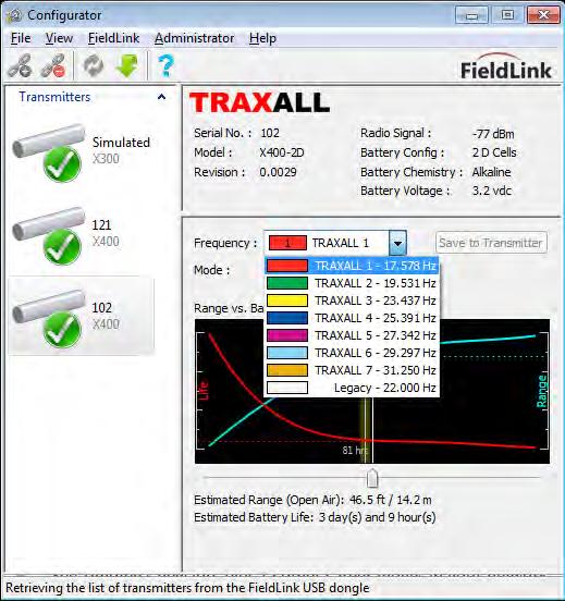 Select Frequency Here, FieldLink has detected several transmitters.