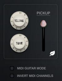 Tone: Controls a gentle pre-fx lowpass filter on the entire instrument. Lower values result in a darker tone. Pickup Switch : Selects between three pickups: neck, middle, bridge.