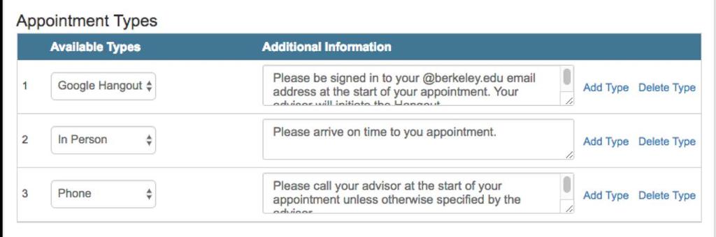 3. Appointment Types You can choose one or more appointment types from the available appointment types (In Person, Phone, Skype or Google Hangout). To add a new type click Add Type.