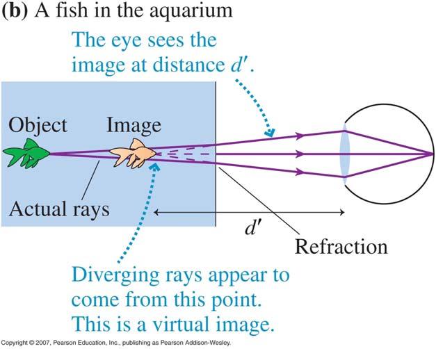 Images Formed by a Single Refracting Surface An object below the surface of a pool of water seems to be closer to the surface than it actually is, when viewed from above the surface.