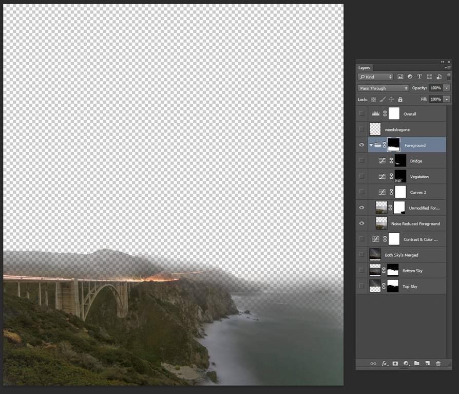 How image was processed in Photoshop Addition of the Bridge and coastline Foreground Group The bridge and coastline image is added to this group.