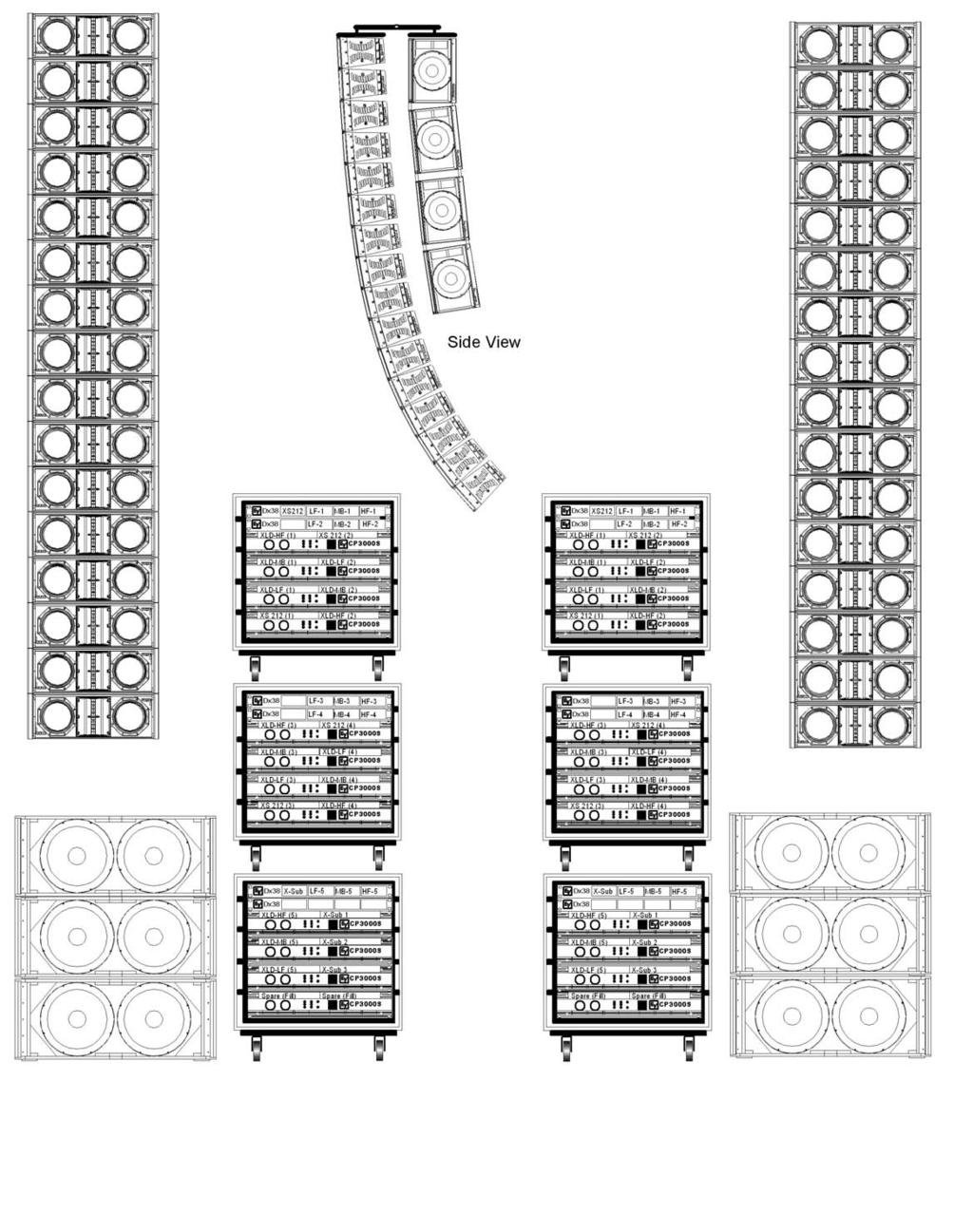 System Applications: 6 XLD-Triamped (5 Segments) Medium to Larger Venues Cabinets: 32 XLD28, 8 XS22, 6 X-Sub Horizontal Coverage 20 degrees Amplifiers: 24 CP3000S (2 Spare) Typical: Distance 20dB SPL