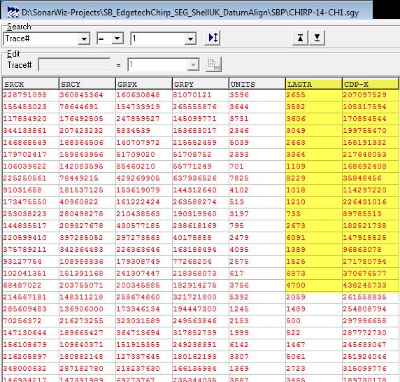 2.5.3 SEISEE View of Datum-Aligned SGY File The LAGA and CDP-X trace header fields now holf the datum align infromation: 2.5.4 Importing your Datum-Aligned SGY File with SonarWiz5 To see the