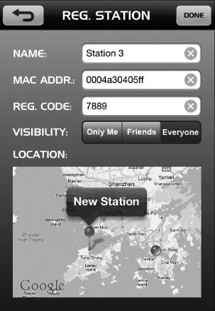 . On REG. STATION page, fill out all fields (you can find MAC ADDR. and REG CODE at the bottom of the Internet-connected hub).. The map displays your location.