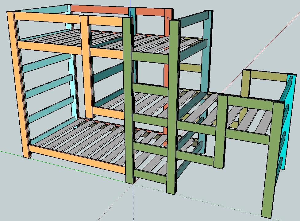 Triple Bunk Staggered Beds [1] Submitted by jgbreeden [2] on Sun, 2013-06-23 21:38 [1] Summary: This Triple Bunk Bed, based on the Classic Bunk Beds, uses a staggered design to fit under common 8'