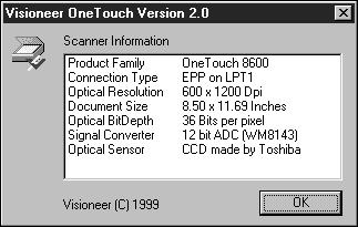 16 VISIONEER ONETOUCH 8600 SCANNER INSTALLATION GUIDE 3. Choose About from the shortcut menu. A dialog box confirms that the scanner is properly connected.