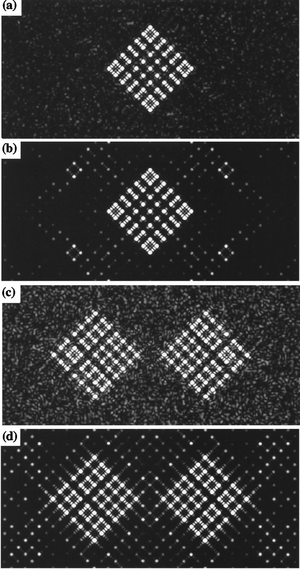 Fig. 3. Diffraction patterns for a MD-PRE for 1.1 and b MDE for 1.13 for the real-valued desired function and c mmd-pre for 1.05 and d MDE for 1.9 for the complex-valued desired function.