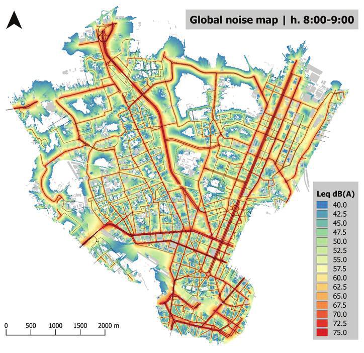 Figure 6 Sum of basic noise maps of Milan pilot area, continuous traffic flow (h. 8:00-9:00) 3.