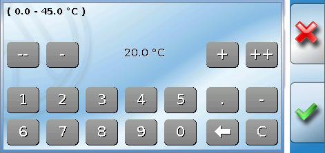 room standard" via a keypad: The keypad then appears: The current value is shown (example: 20.0 C). The top line shows the permitted entry range (example: 0.0 45.0 C). You can make entries using either the correction keys (--, -, +, ++) or the numeric keys.