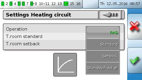 Function overview, general Example: Changing the operating mode of the heating circuit with a selection box ("RAS" means that the operating mode is set by the room sensor's slide switch): A selection