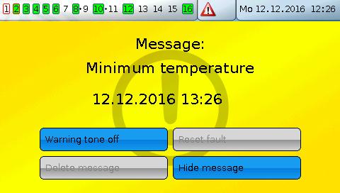 After the message has been triggered, the following display appears (orange): Example: Message, message type,