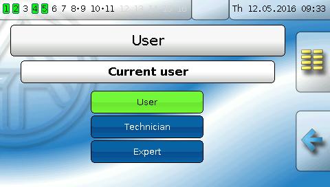 User Main menu The access rights of different user categories are described in the User levels chapter.