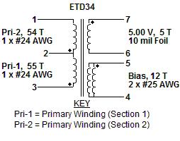 Electrical Diagram Mechanical Diagram Winding Instruction Primary Winding (Section 1) Start on pin(s) 3 and wind 55 turns (x 1 filar) of item [5]. in 2 layer(s) from left to right.
