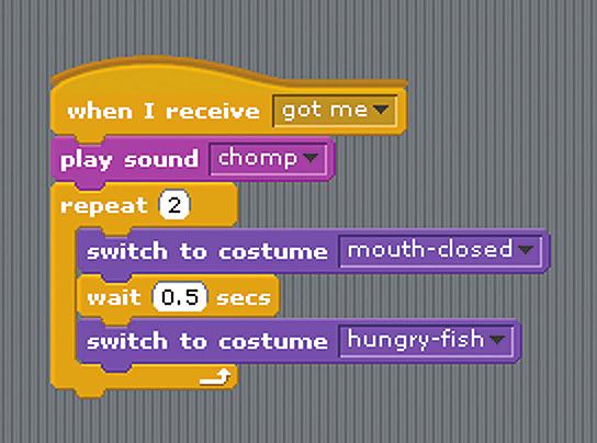 6. Then, add a new script to the Hungry Fish to respond to the message broadcast by the prey.
