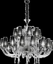 Lobuan Lampadario con elementi decorativi e catene di perle in vetro sofiato color fume, particolari metallici in cromo.