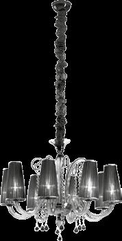 Grey smoked hand blown glass chandelier with decorative accents and pearl chains in the same hand blown glass colour.