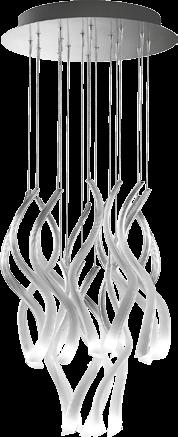 Sorgenti luminose a basso voltaggio con trasformatore incluso. Pendant chandelier in the round shaped version composed in two levels by 18 hand blown twisted glass diffusers.