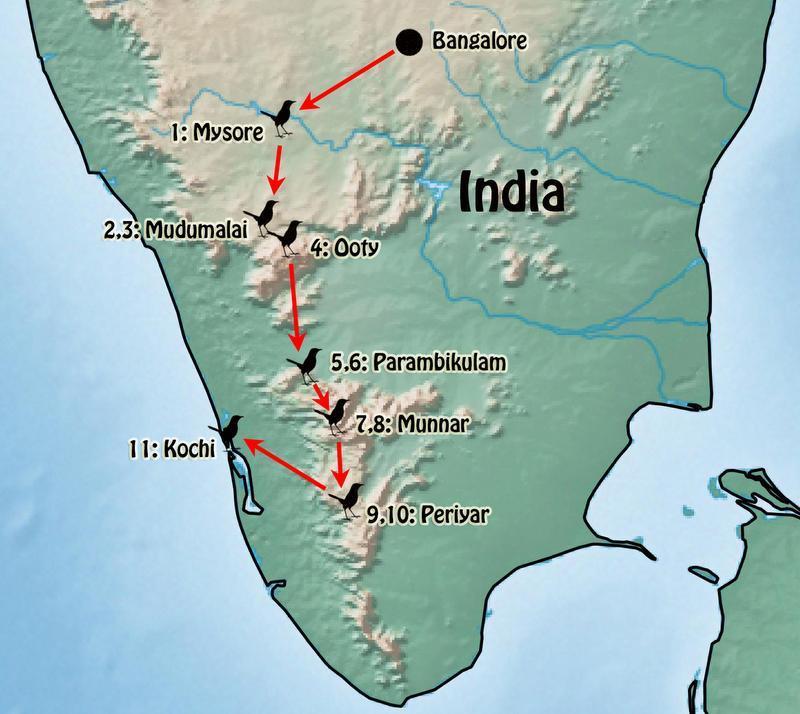 RBL India - Southern Exclusive Itinerary 3 TOUR ROUTE MAP THE TOUR IN DETAIL Day 1: Bangalore to Mysore. This morning, we will depart from Bangalore on our route south towards Ranganathittu.