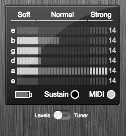 Using the up and down arrows beneath the word Strong, set the sensitivity for each string so that only your loudest notes send the meter to the top of its range.