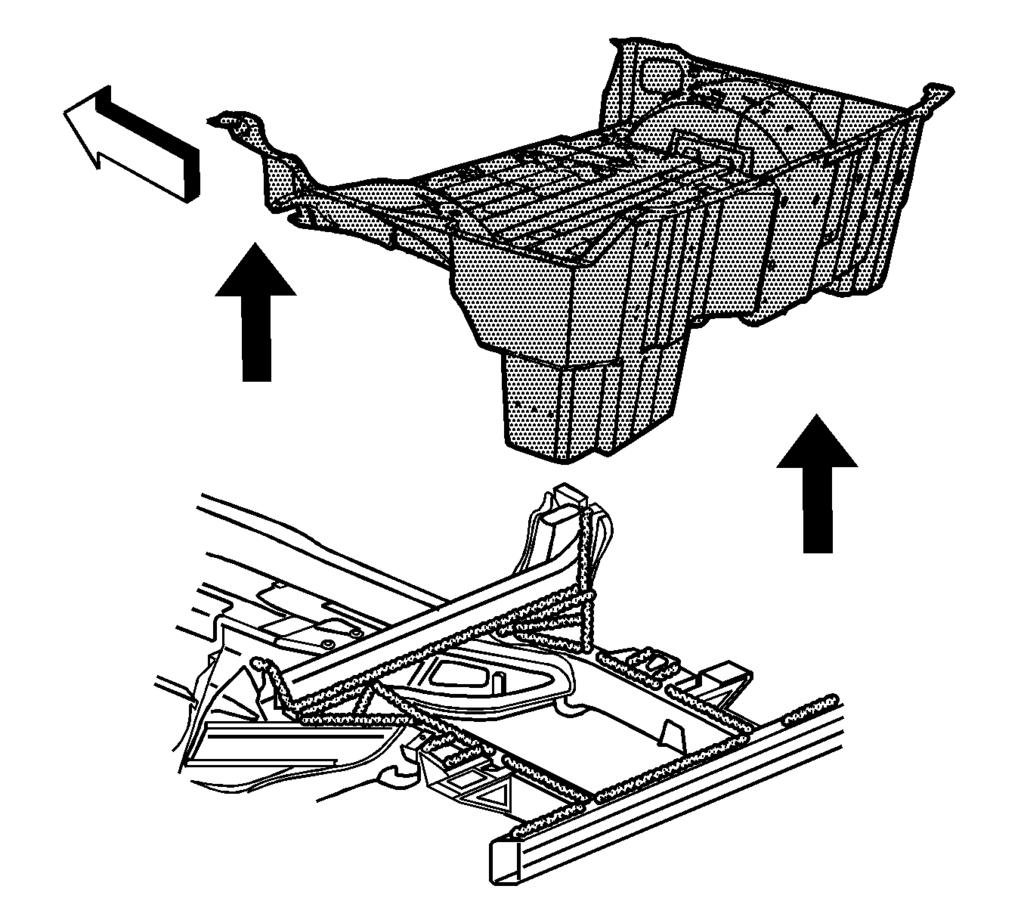 Remove the rear compartment panel by applying heat to the inside of the rear compartment along the bond lines (1) indicated on the floor. 8. Pry to detach the adhesive along the bonding surface. 9.