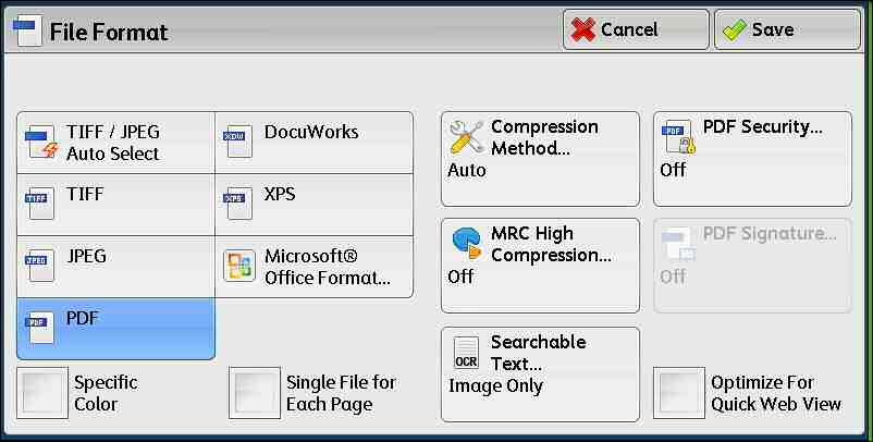 4.4 FILE FORMAT Select the format of scanned data. When selecting [Scan to Mailbox], [File Format] is disabled. TIFF/JPEG Auto Select: Automatically selects JPEG or TIFF.