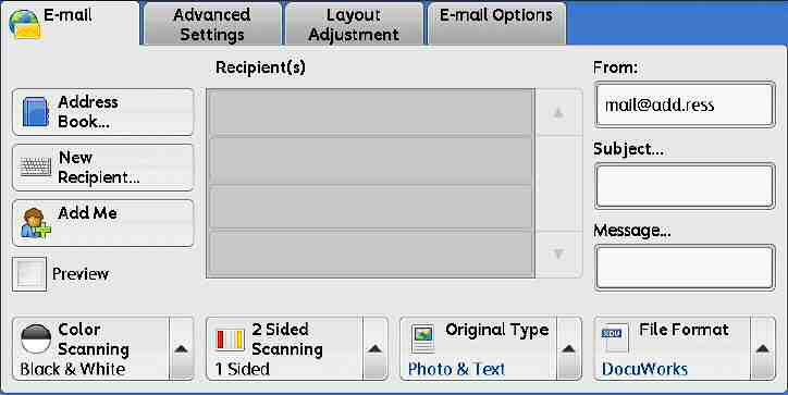 2 SCANNING METHODS 2.1 SCAN TO E-MAIL 1. Select [E-mail] from the [Services Home] screen. 1. [ ] [ ( ) ] 2.