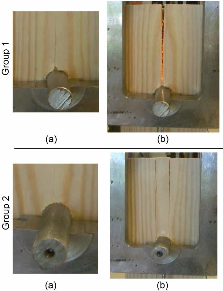 Figure 8 Failure modes obtained with smooth dowels (group 1) and rough dowels (group 2). A and b denote the instances of initial and final failure respectively.