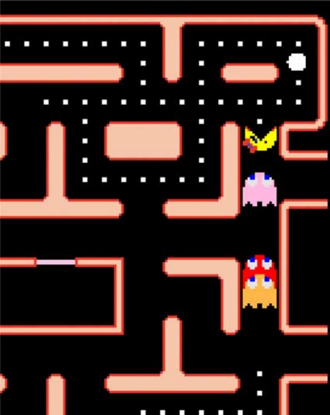 Figure 6.3: Ghosts chasing Ms. Pac-Man from the same direction example taken from Pepels et al. (2014). 3. If the ghost s target-location vector target indicates that ghost g i should approach Ms.