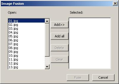 Choose Process->Fusion menu, the following dialog will open (assume 01.jpg 02.jpg 15.