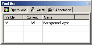 There are three items in the Tool Box Layer Page: Visible, Current, and Name When an image is opened, a default layer called Background layer is displayed in the list view's first row with Visible