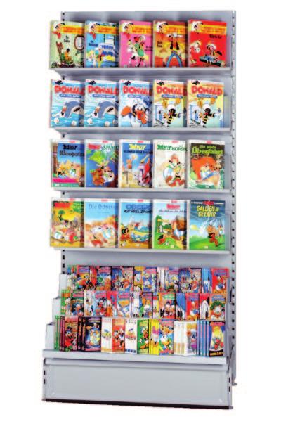 Line Set Magazines 7 zig-zag metal bars with 6 to 8 pockets P11 each 1 flat, grey, header, printed DVD Video 5 zig-zag metal bars with 6 to 7 pockets PA4 each 4 shelf boards with zig-zag inserts up