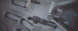 The sequence of shots in 2001: A Space Odyssey beginning with Dave sketching his hibernating colleagues and ending with HAL mistakenly detecting a fault in one of the ship s components well