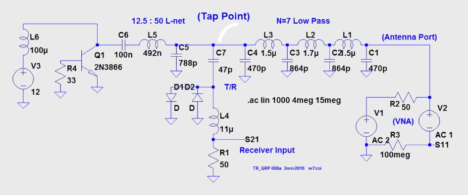 Fig 6. The tap point for the T/R switch is now buried within a complex filter. In this example, the 788 pf capacitor, C5, severely alters the receive path. Fig 7. The response is severely compromised.