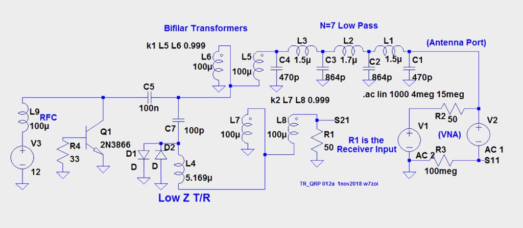 Fig 10. A higher power case with bifilar transformers on either side of the T/R diode network. A lower impedance is used in the T/R, resulting in improved bandwidth. Fig 11. Gain and match for Fig 10.
