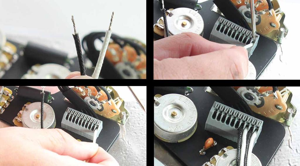 Install 1) Clip output, ground & pickup wires from your old harness. Cut as close to the harness as possible. DO NOT remove ground wires at guitar end.