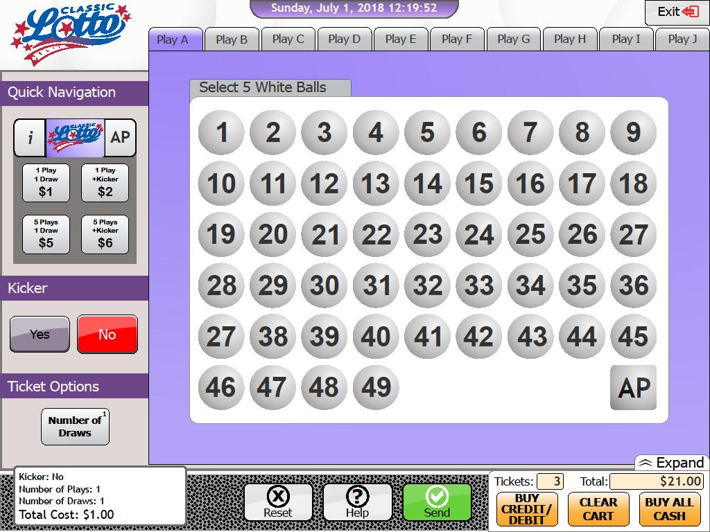 4.5 Classic Lotto Drawings are held Monday, Wednesday and Saturday, at approximately 7:05pm. Pools close at 7:00pm. Cost per wager is $1. Touch the [CLASSIC LOTTO] icon from the Game menu.